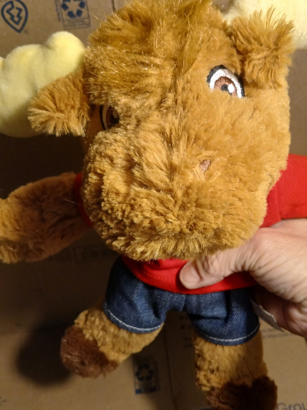 Source Unknown Brown Plush Moose with Red Shirt and Blue Jeans